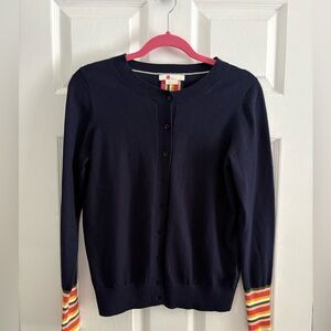 Boden Navy Cardigan w/ Colorful Striped Cuffs & Back Detail – Size M